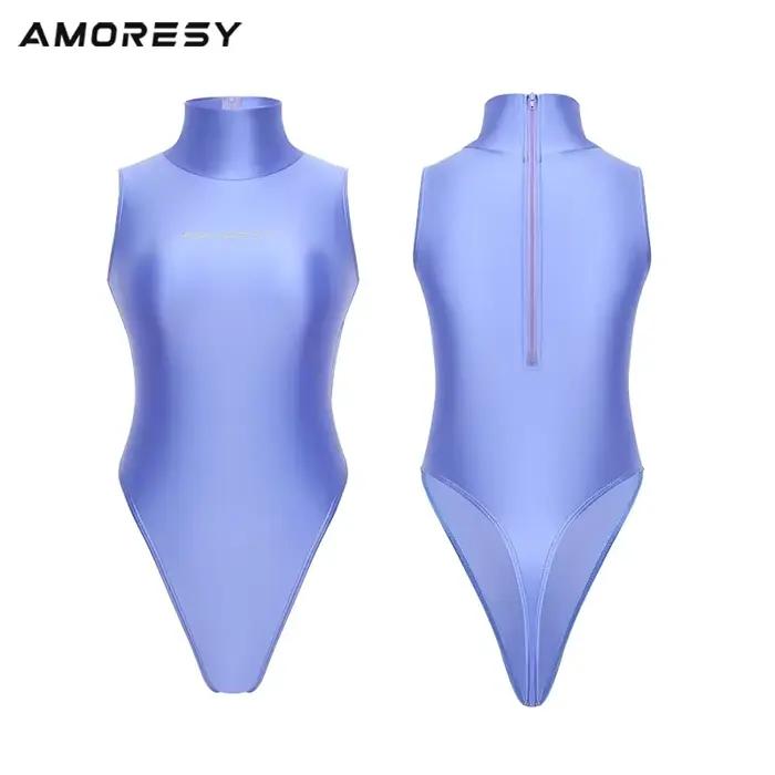 AMORESY-Body sans manches à col montant, brillant, string à jambe extra haute, fermeture éclair au dos, maillot de bain une pièce