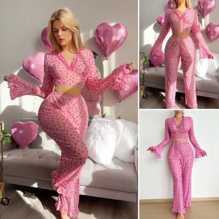 Ensemble pyjama 2 pièces pour femmes, imprimé cœur, ourlet à volants, haut de salon, manches longues, col en V, chemise et pantalon, pour la saint-valentin