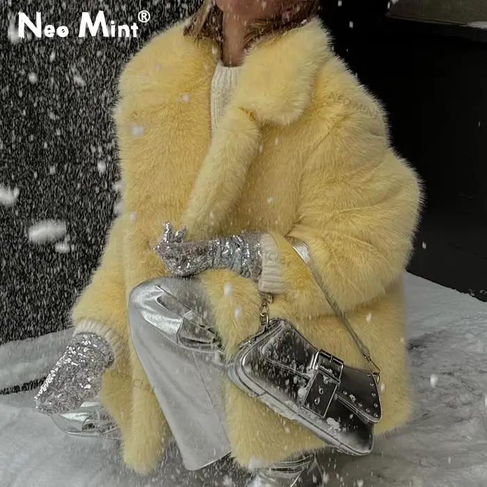Manteau en faux fourrure luxueux Neo Mint pour femmes, fourrure de renard, col rabattu, manteau hiver automne, occassions spéciales, élégance et confort