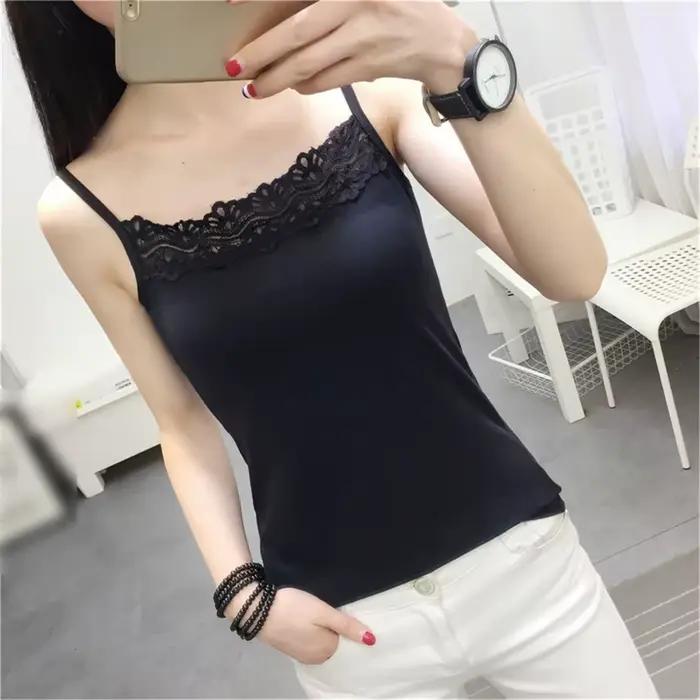 Camisole à bretelles spaghetti pour femmes, dentelle précieuse, caraco d'été, haut court, écharpe de base solide, t-shirt en fibre, mode
