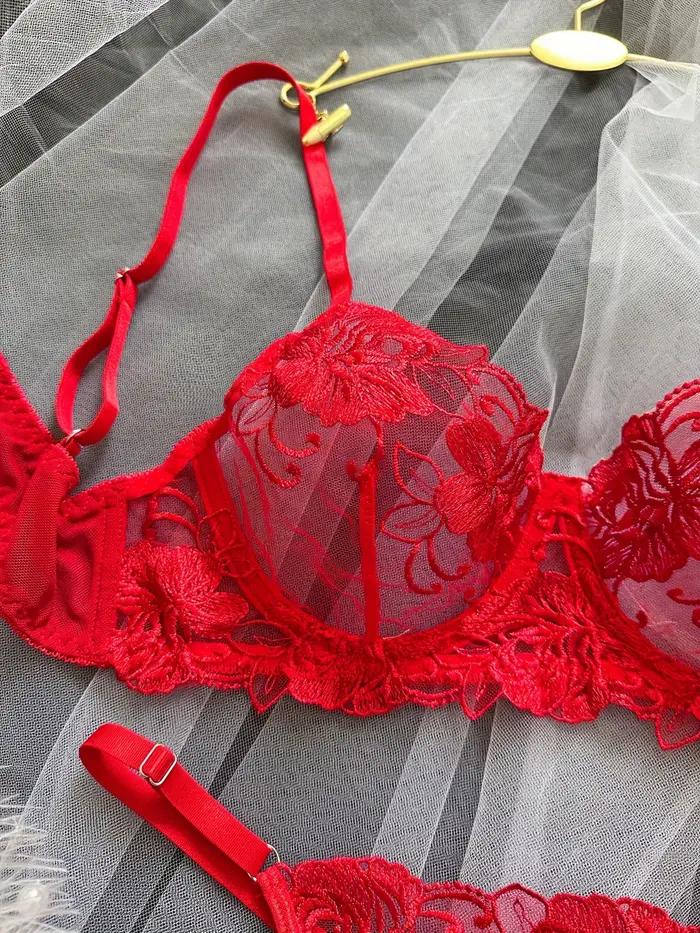 Červené sexy body Lingerie pre ženy čipka priesvitné spodné prádlo víla výšivka krátke súpravy jemná podprsenka