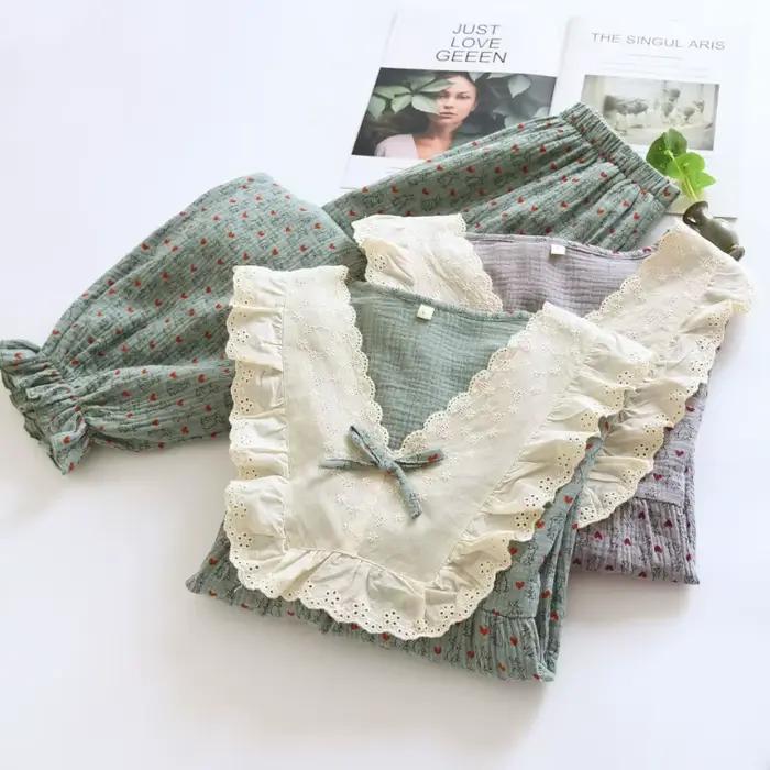 Princesse Cottagecore pyjama ensemble femmes Vintage dentelle col vêtements de nuit mignon coeur imprimé crêpe coton vêtements de détente 2 pièces coton doux