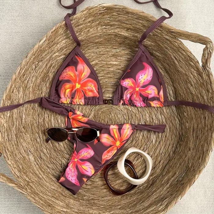 Micro bikini sexy bleu ciel à imprimé floral 2026 pour femme, avec soutien-gorge push-up et string plissé, maillot de bain de plage et de vacances