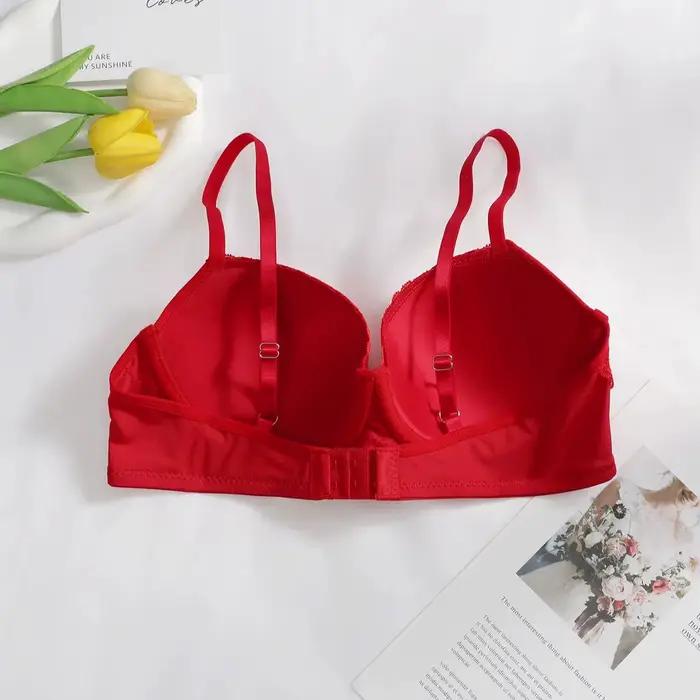 Soutien-gorge push-up sexy en dentelle rouge avec armatures, bonnets rembourrés, bretelles réglables et fermeture dorsale pour femme – Lingerie confortable au quotidien