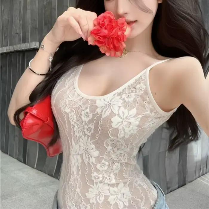 Hottie Style Sexy dentelle body Vintage Sexy voir à travers dos nu Spaghetti sangle combinaison femme fronde coupe ajustée barboteuses combishort