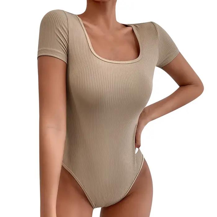 Combinaisons sexy d'été à manches courtes, col carré côtelé, couleur unie, une pièce, moulante, contrôle du ventre, body shapers, hauts