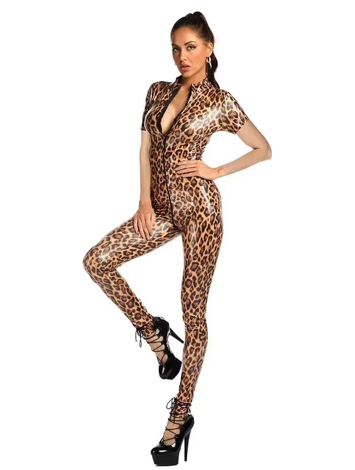 Combinaison moulante pour femme en cuir verni imprimé léopard, à manches longues et fermeture éclair, style catsuit pour soirées et clubs