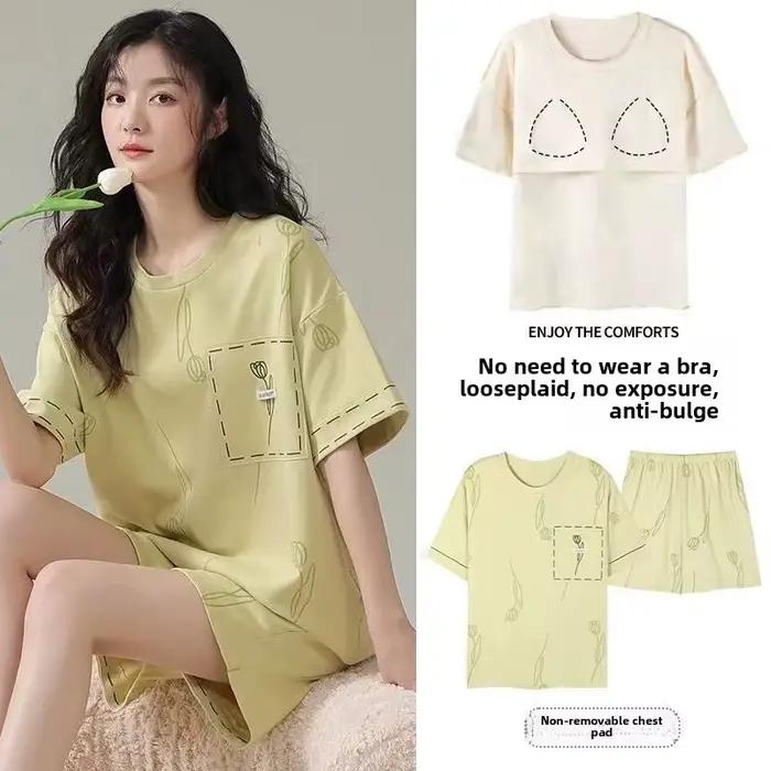 Pyjama avec coussinets de poitrine pour femmes, été, dessin animé, manches courtes, shorts, ours, vêtements de détente pour étudiants, ensemble 2 pièces, vêtements de nuit mignons, vêtements de maison