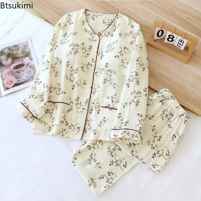 Pyjama d'été 2026 coton pour femmes, imprimé floral, pour la maison, vêtements de nuit, printemps et automne, 100%