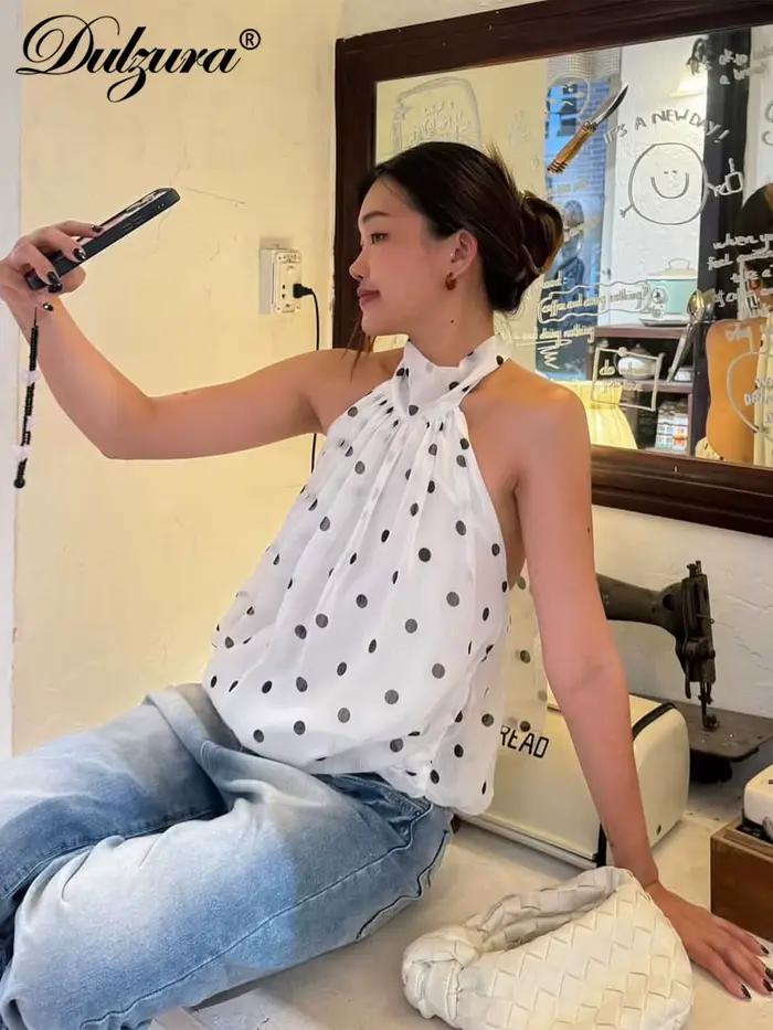 Dulzura Bezramienkový Top Bez Rukávov S Odhaleným Chrbtom S Tenkými Šnúrkami S Bodkovaným Vzorom Z Hodvábneho Šifónu Sexy Elegantný Neformálny Y2K