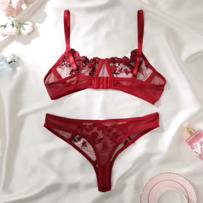 Červené víno Priehľadná čipka s kvetinovým vzorom Dvojdielna dámska Push Up priedelná spodná bielizeň tangá Sexy podprsenka set Erotický kostým