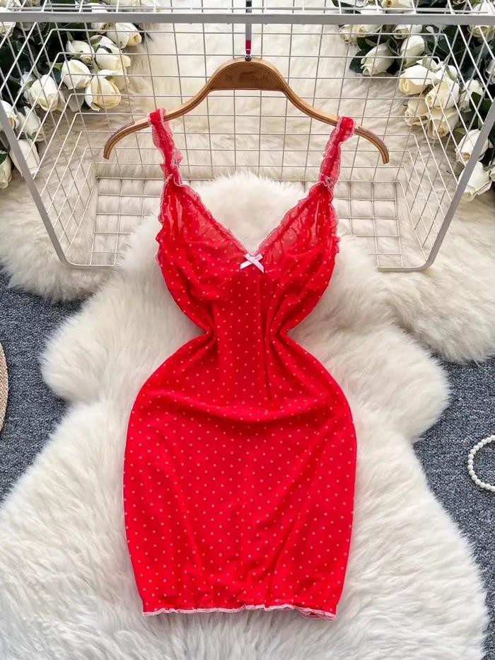 Foamlina 2025 été maille moulante Mini robe pur désir fille chaude licou à pois taille cintrée jupe ajustée rouge Mini robe