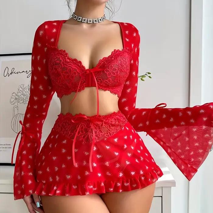 Toucheart 3-dielna priesvitná sexy bielizeň pre ženy červená láska podprsenka sieťovaná patchwork nariasená šnurovaná