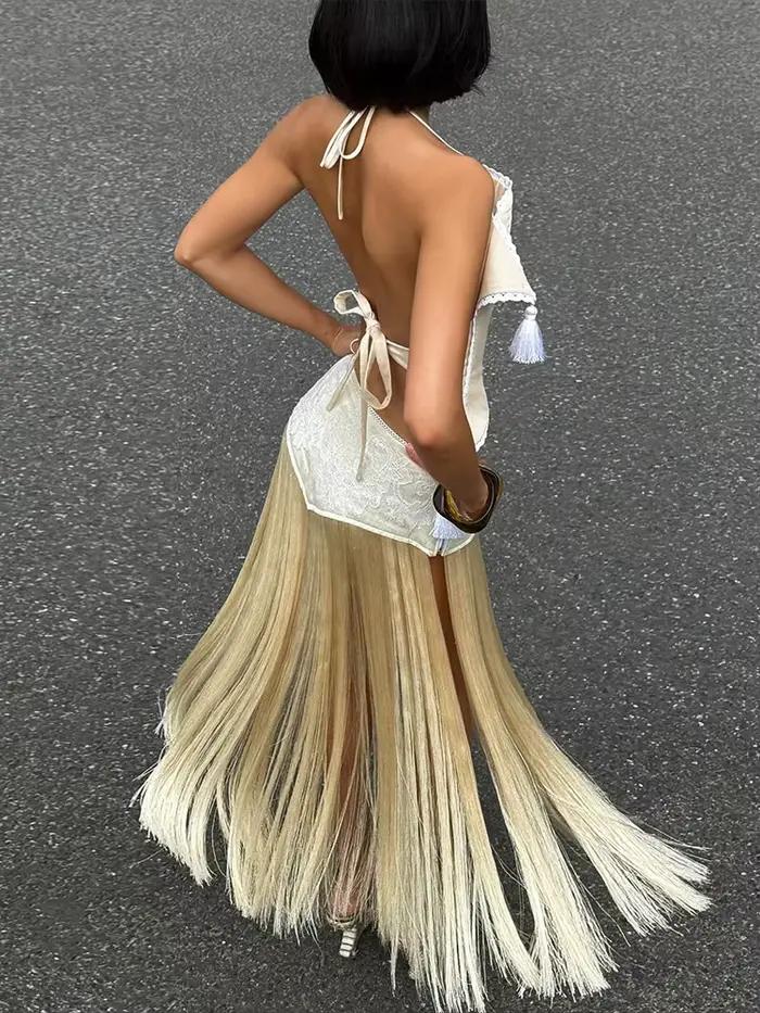 Kliou Sexy Módne Sukne Kostýmy Žena Halter Bandáž Holý Chrbát Nepravidelný Crop Top + Strapcová Dekorácia Dlhé