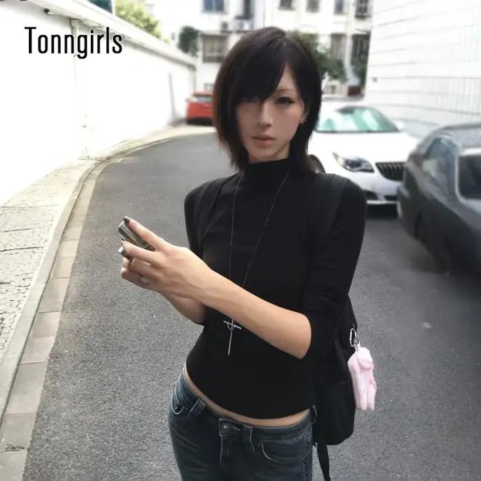 Tonngirls Y2k Japonské tričko pre ženy s dlhým rukávom čierny polovičný rolák