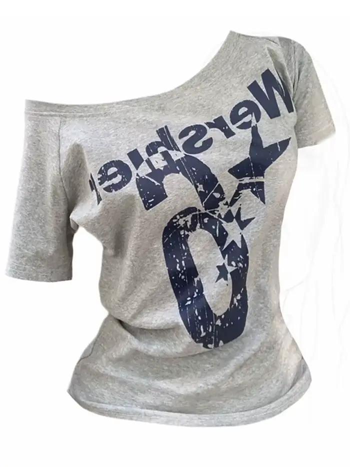 T-Shirt féminin vintage des années 2000 avec coupe décontractée et col cou fendu pour femmes, idéal pour les sorties entre amis et les journées détentes
