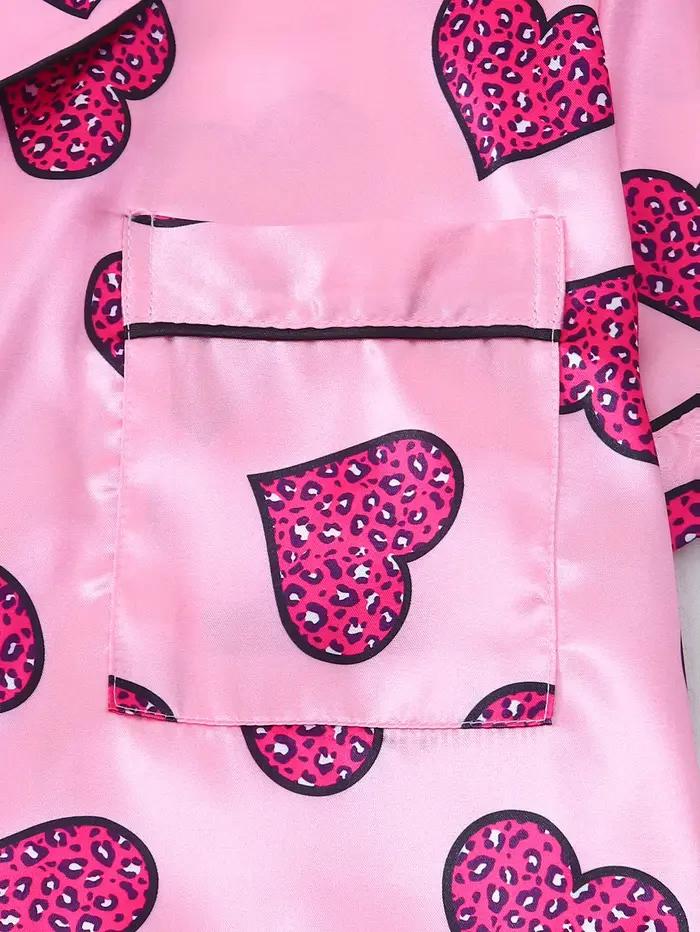 [Saint valentin] Pyjama 2 pièces en satin avec imprimé cœur, short à manches courtes, pyjama pour femme, ensemble de vêtements de détente adapté à un usage domestique