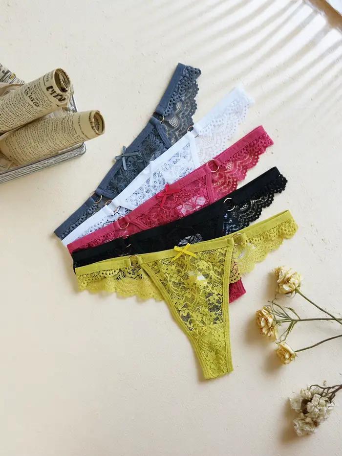 Lot de 5 culottes en dentelle pour femmes, élégantes et confortables, taille basse, strings sexy de couleur unie