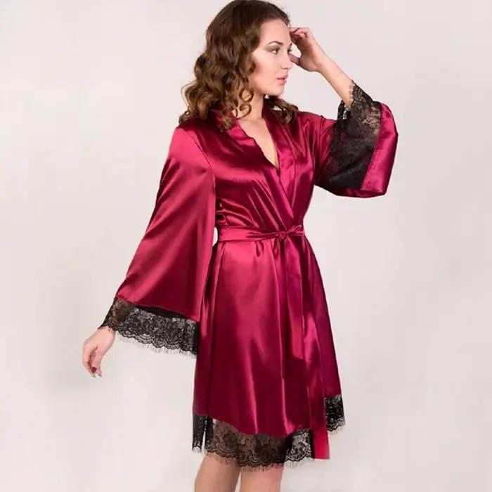 Robe Kimono Sexy pour femmes, chemise de nuit en Satin garnie de dentelle, vêtements de nuit de mariée, ceinture réglable, vêtements de détente confortables