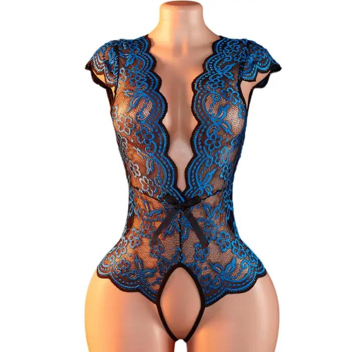 Nouvelle Lingerie Érotique Femme : Babydoll Bodysuit en Dentelle Transparente Bleu Exotique à Manches Courtes, Dos Nu et Découpes, Décolleté Plongeant, Style Pyjama