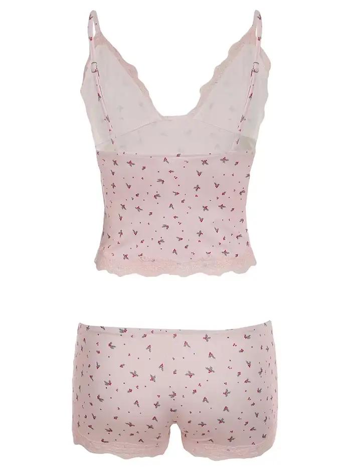 Ensemble de pyjama deux pièces pour femmes, rose, dentelle florale, patchwork, vêtements de nuit, camisoles sans manches et shorts mignons et fins, vêtements de détente