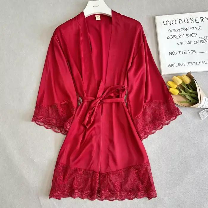 Robe de matin de mariée blanche, ourlet en dentelle, peignoir, Kimono, vêtements de nuit élégants, col en v, Lingerie intime en Satin