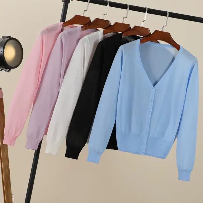 Dámsky kórejský štýl letný ľahký cardigan s dlhým rukávom crop top