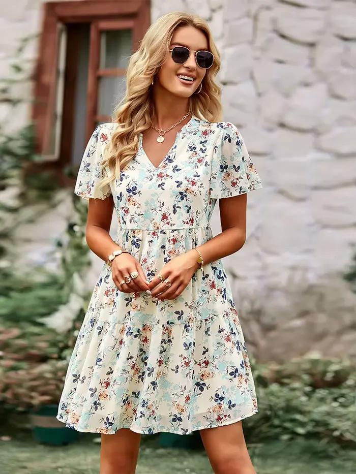 Msfilia módne kvety šaty pre ženy jar jeseň výstrih do V krátky rukáv voľné Chic potlačené