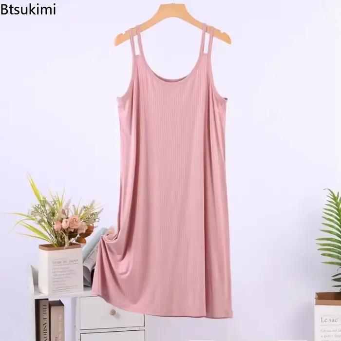 Robe de nuit d'été sans manches à col rond pour femme, robe de sommeil unie tendance, vêtement d'intérieur décontracté, robe de pyjama en modal et viscose pour femme
