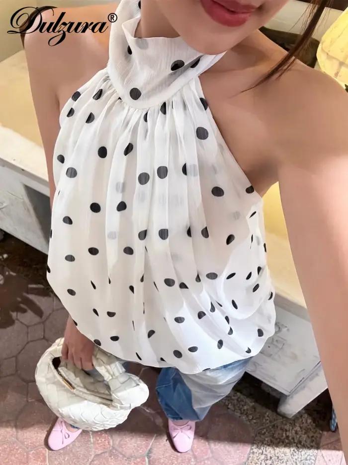 Dulzura Bezramienkový Top Bez Rukávov S Odhaleným Chrbtom S Tenkými Šnúrkami S Bodkovaným Vzorom Z Hodvábneho Šifónu Sexy Elegantný Neformálny Y2K