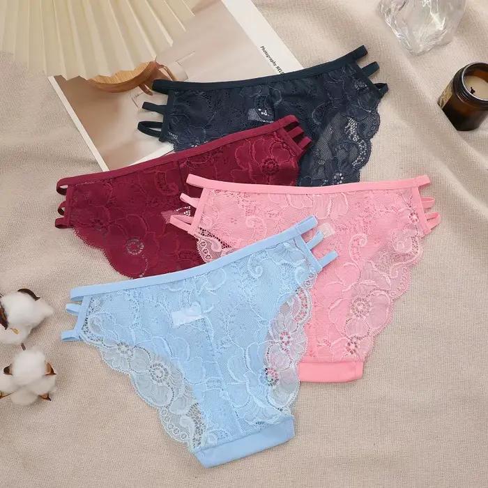 Culotte en dentelle florale pour femmes, 4 pièces/ensemble, slip Transparent et Sexy en dentelle, ajouré, taille basse, sous-vêtements féminins, Lingerie respirante, S-L