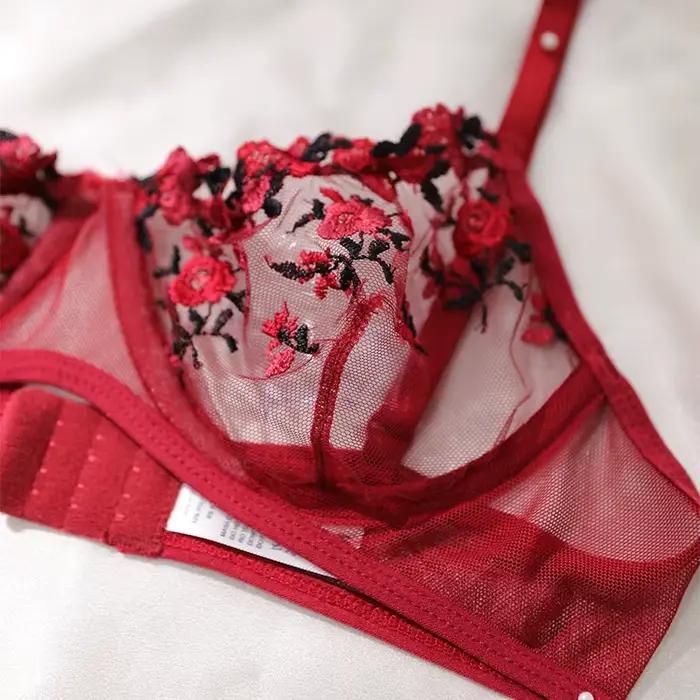 Červené víno Priehľadná čipka s kvetinovým vzorom Dvojdielna dámska Push Up priedelná spodná bielizeň tangá Sexy podprsenka set Erotický kostým