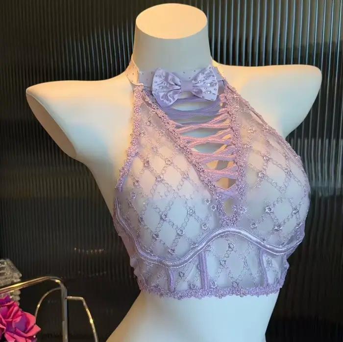 Soutien-gorge violet, nœud, motif diamant, strass, lacets, col haut, sous-vêtements à col rond