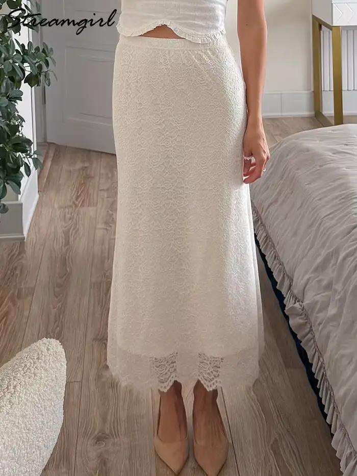 Jupe en dentelle blanche Maxi moulante femmes été tenue de bureau jupes formelles élégantes avec dentelle dame taille élastique dentelle jupe noire longue