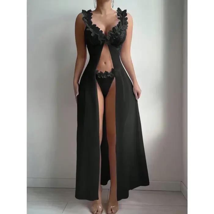 Ensemble de Nuisette Sexy en Dentelle pour Femme, Style Robe Longue, avec Bretelles à Armatures, Motif Floral Transparent, Design Séduisant, Ensemble Audacieux à Bretelles Croisées