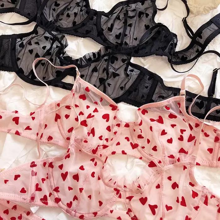 Ensemble de lingerie sexy ultra mince pour femme, soutien-gorge respirant, soutien-gorge push-up, maille, romantique, pêche, coeur, intimes, été, 2 pièces
