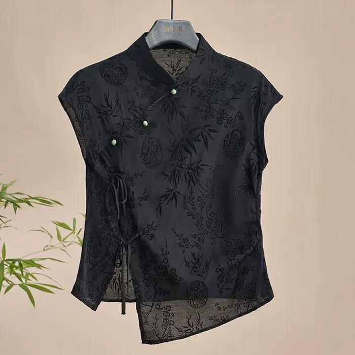 Jemná retro košeľa v novom čínskom štýle Cheongsam top čierny žakárový T-shirt s krátkym rukávom letný zrelý módny odev