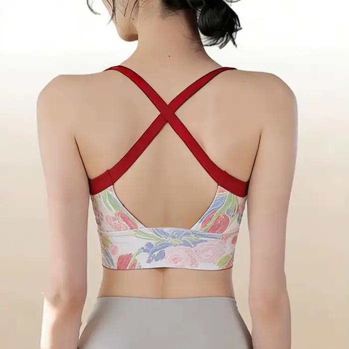 Soutien-gorge de sport imprimé pour femme, avec bretelles croisées au dos, effet push-up, respirant, dos élégant, idéal pour le yoga, la gym, l'entraînement et la course à pied