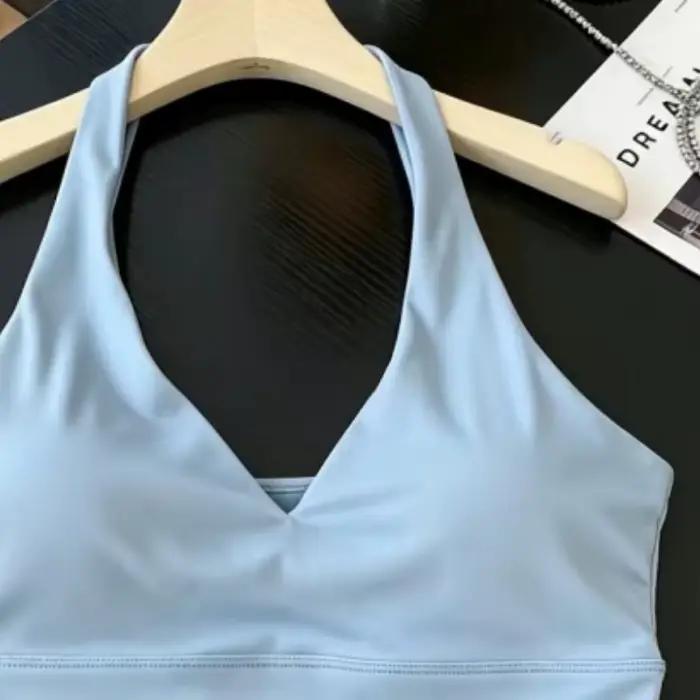 Soutien-gorge de yoga dos nu à col en V profond pour femme, en tissu soyeux et lisse, haut de sport tendance