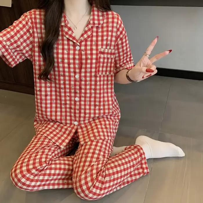 Pyjama d'été vintage à carreaux rouges à manches courtes pour filles ; Ensemble de vêtements de détente d'été à manches courtes et pantalon long en jacquard, sensation de luxe
