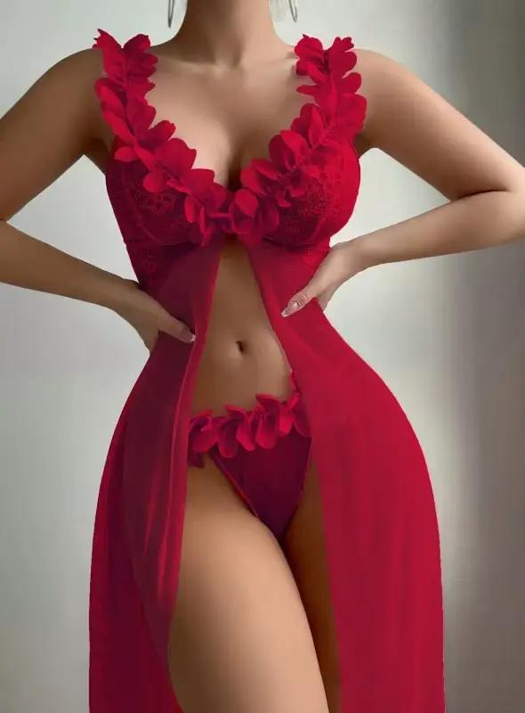 Robe de nuit en dentelle florale 3D pour femmes, ensemble chemise de nuit + string, vêtements intimes, tenue de chambre à coucher, vêtements de nuit Combo