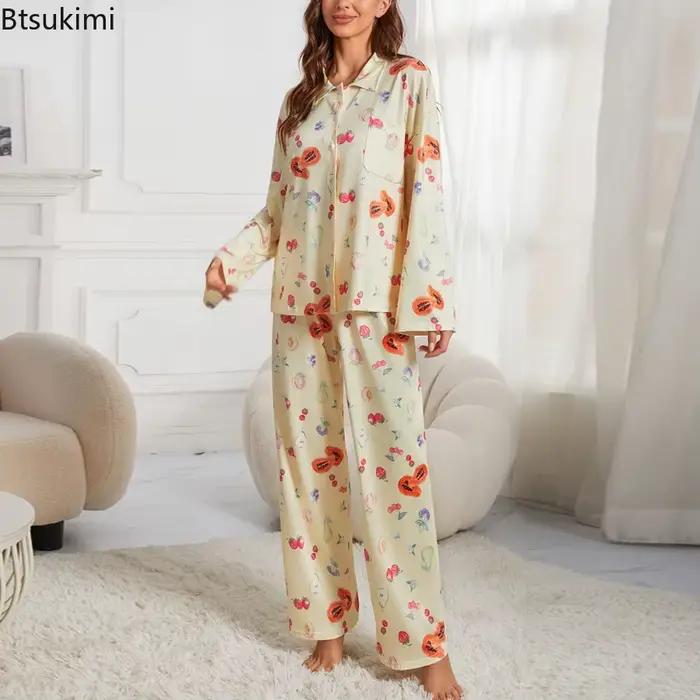 Ensemble pyjama décontracté imprimé floral pour femmes, chemise à boutons à manches longues avec poche et pantalon ample à jambes larges, vêtements de nuit, 2026