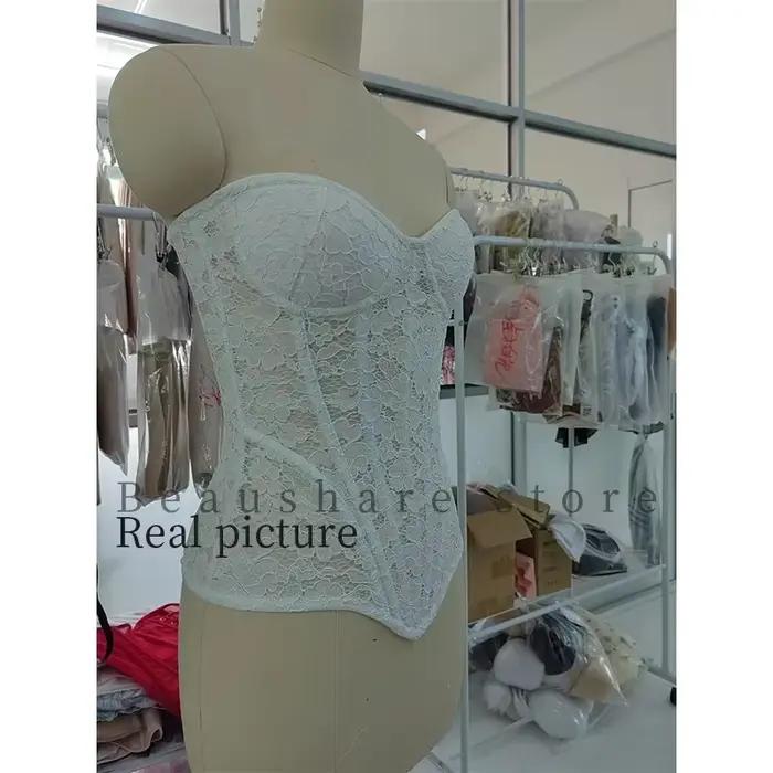 Dámska biela čipkovaná korzetová podprsenka Overbust luxusný živôtik na svadbu Bez ramienok Šnurovací bustier Trubičkový top Trenažér pásu Oceľové kosti