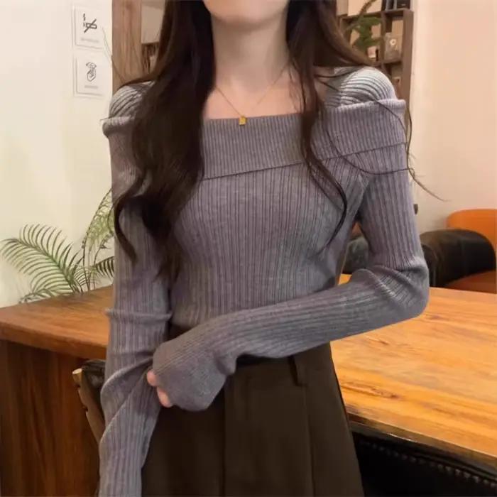 Pevný Sexy tenký s odhalenými ramenami Strih výstrihu s dlhými rukávmi pletený sveter pre ženy svetre do kancelárie móda nový
