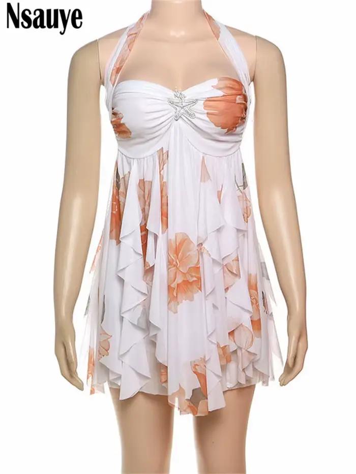 Nsauye Sexy maigre a-ligne mode boîte de nuit robe courte irrégulière pour les femmes 2025 été fête licou élégant volants Mini robe