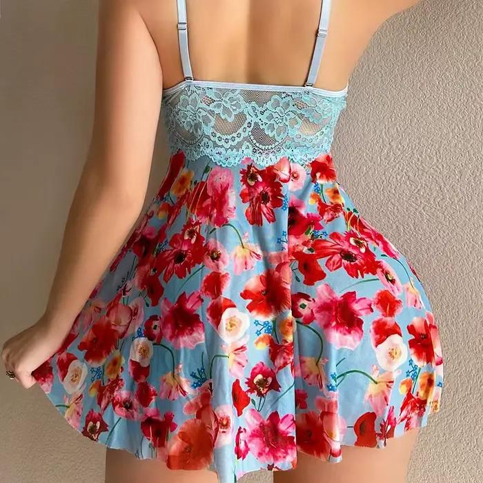Chemise de nuit pour femmes, quatre saisons, printemps et été, décontractée, romantique, élégante, à imprimé floral, chemise de nuit sexy à bretelles pour femmes