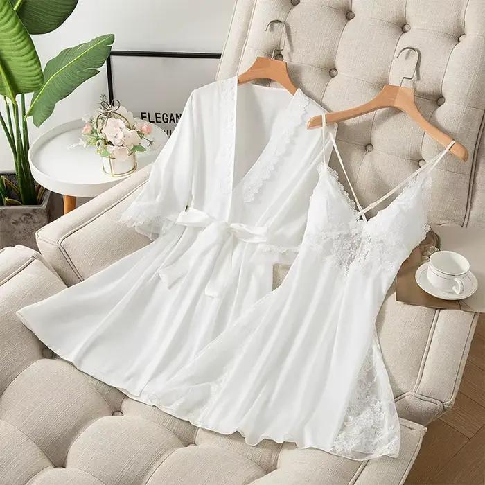 2 pièces Kimono Robe ensemble femmes Satin vêtements de nuit chemise de nuit Sexy décontracté vêtements de maison Lingerie intime dentelle peignoir Robe