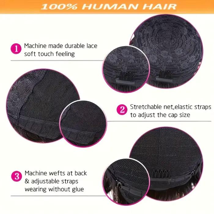 Perruque de cheveux humains courts, amples et bouclés, d'apparence naturelle pour femmes, perruque entièrement faite à la Machine, coiffure bouclée avec frange