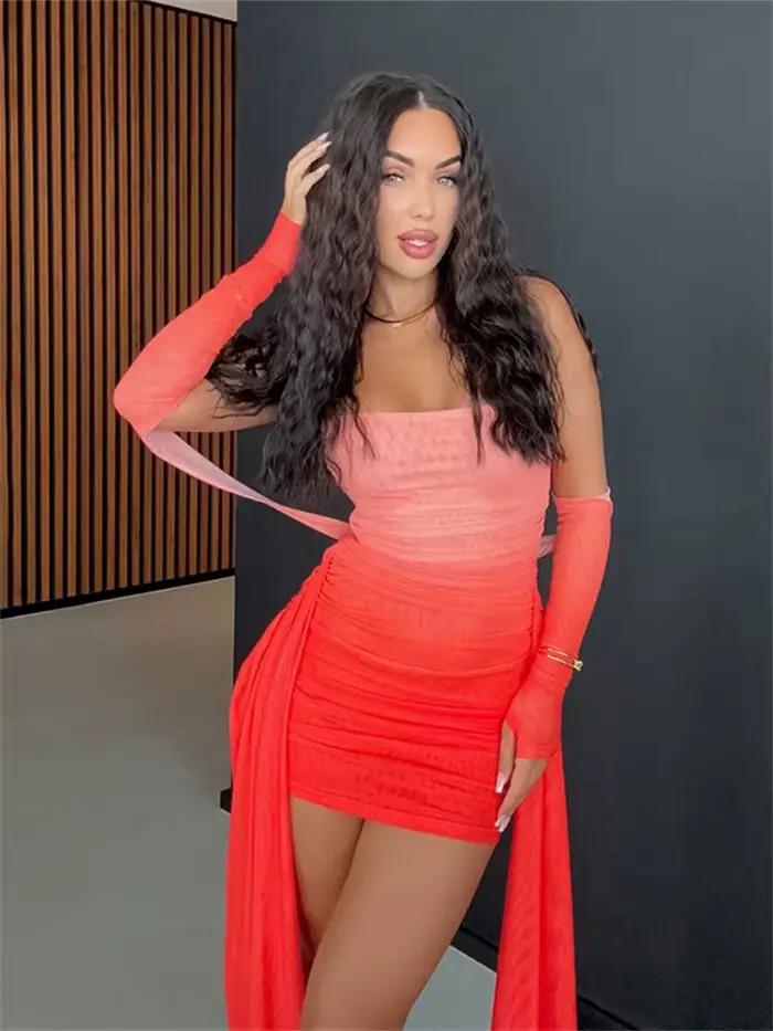 Nibber vacances d'été Sexy voir à travers la robe + châle femmes froncé côté ruban Coquette maigre minuit Clubwear fête moulante