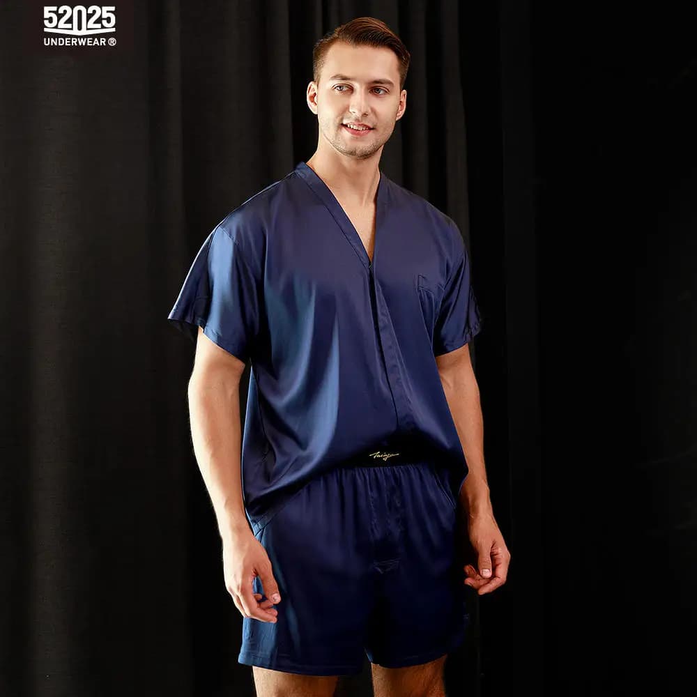 Ensemble de pyjama 100 % soie de mûrier pour homme 52025 – Coupe décontractée, luxe naturel et confo